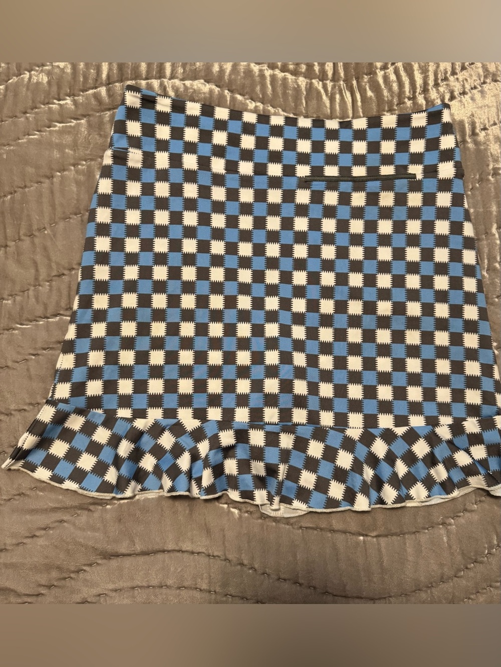 Checkerboard Ruffle Hem Golf Skirt - Blue & Grey
